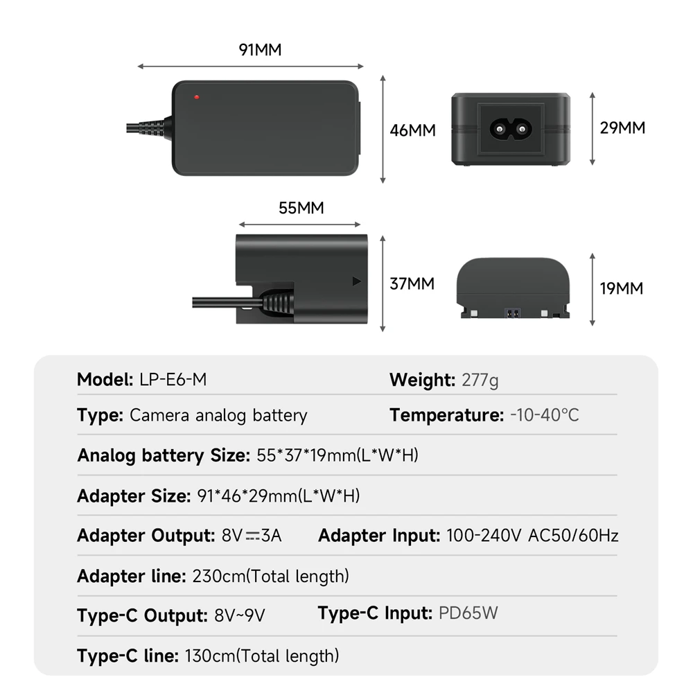 PALO LP-E6 LP E6 Dummy Battery Power Supply AC Adapter Kit for Canon EOS R5 R6 5DS R 7D 6D 90D 80D 70D 60D 60Da 5DS 5D Mark II