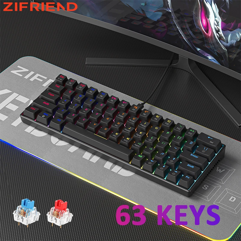 ZIFRIEND Black Mini Mechanical Keyboard 3 Pins Hot Swappable RGB  60% Keyboard Red Switch Blue Switch