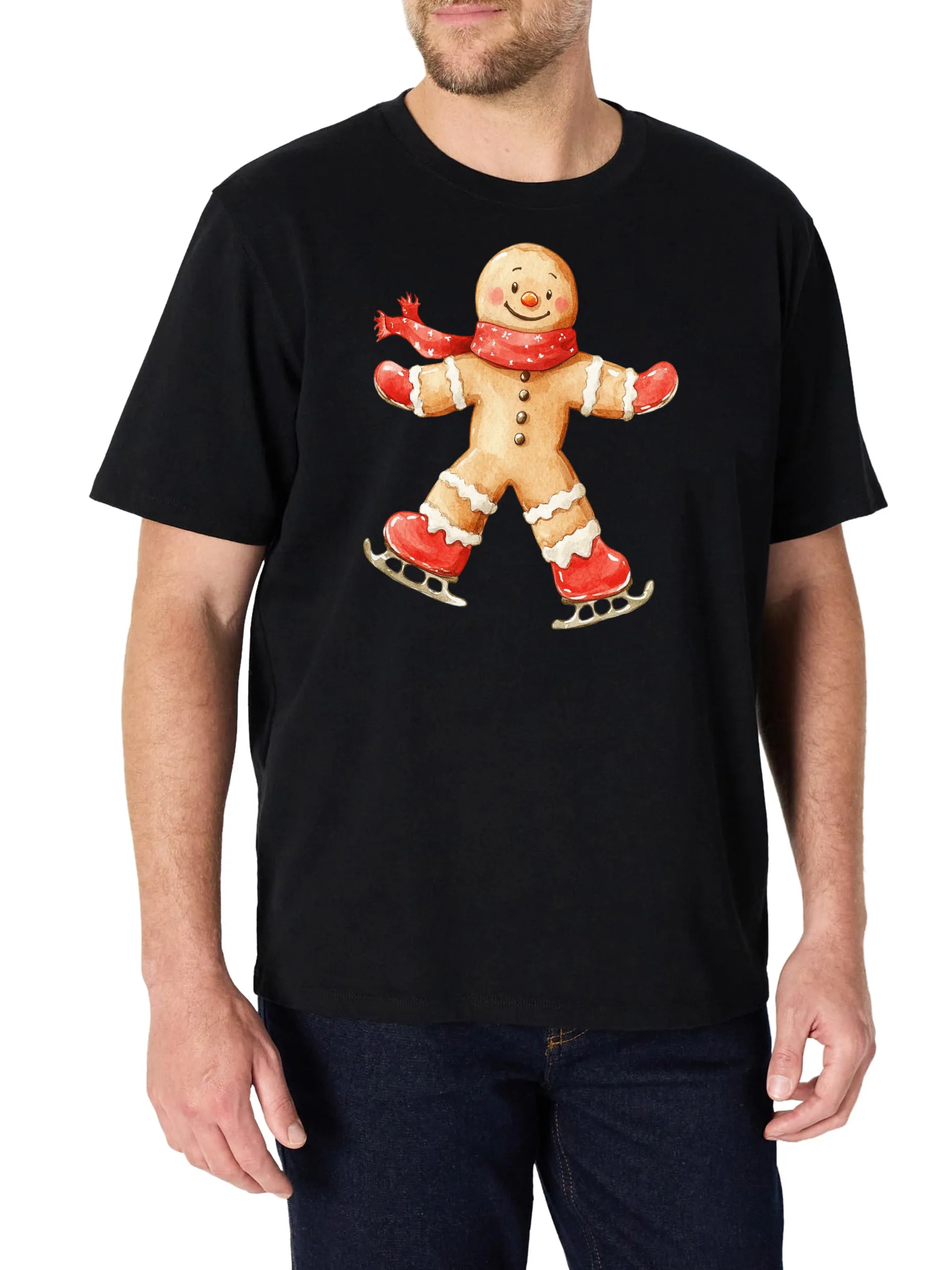 

Men's T-Shirt Gingerbread Man Printed Design, Black Short Sleeve Crew Neck, 100% Cotton