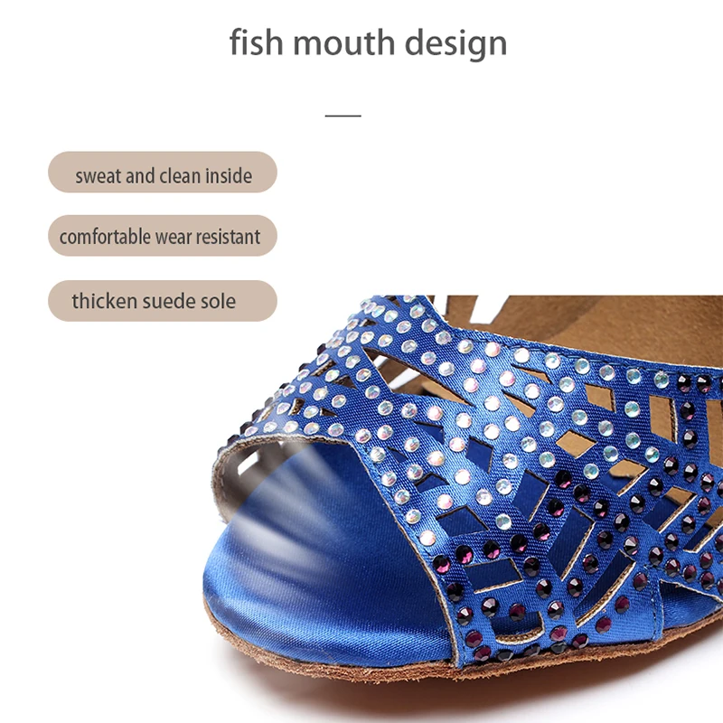 Woman blue latin dance shoes girls crtystal bachata salsal dancing shoes for girls suede leather