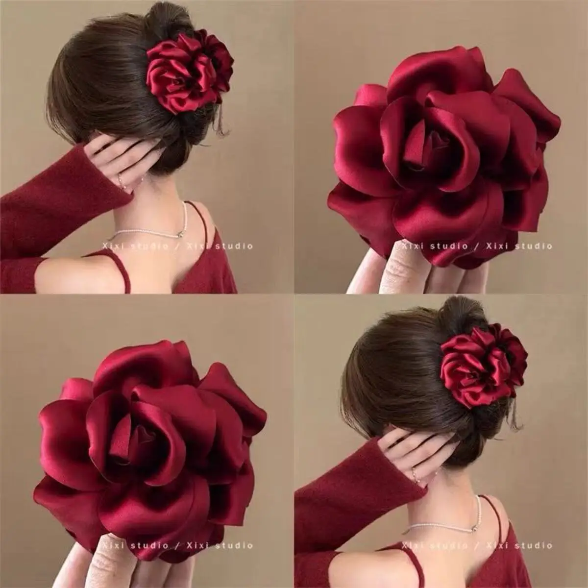 French Luxury Red Rose Shark Clip 3D Flower Hair Claw with Anti-Slip Design Hair Claw for Thick/Thin Hair