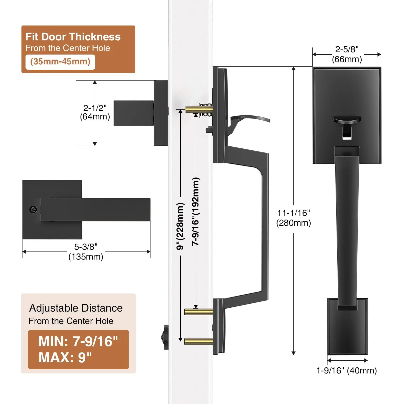 Brightify Black Front Door Handle, Modern Exterior Door Handle with Passage Lever, Front Entry Door Handle No Lock, Reversible f