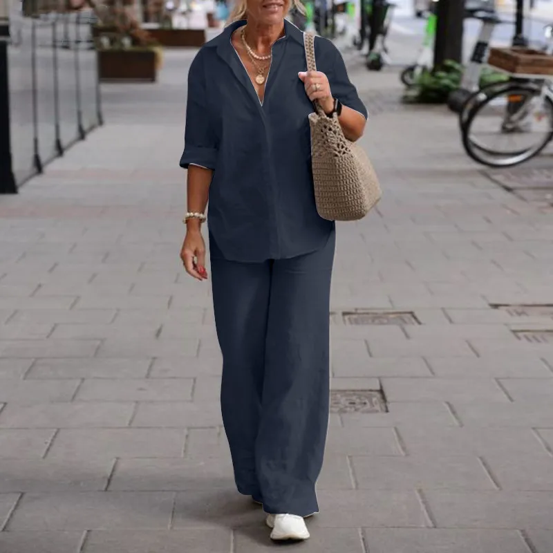 Conjunto de camisa e calças de manga comprida feminina, roupa esportiva de duas peças, solta, casual, senhoras, férias