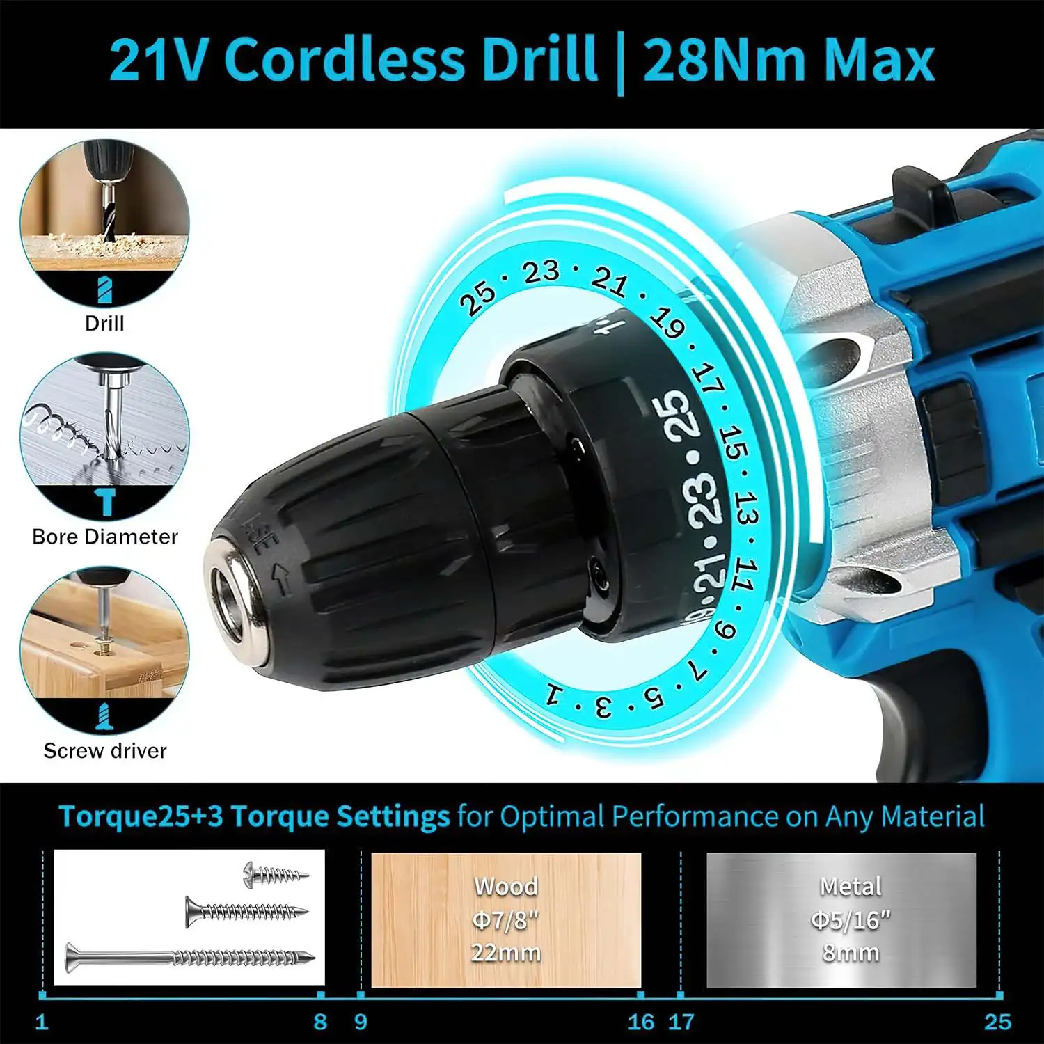 21V Cordless Electric Hand Drill 1800rpm Brushed Pistol Impact Drill 3/8