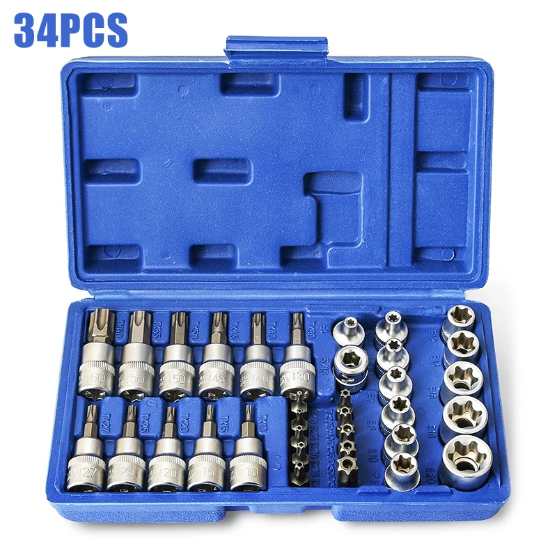 

34pcs 3/8'' Drive Torx Star Bit sockets CR-V E-Socket Set，S2 Steel, Ideal for Car,Trucks,Home Improvement