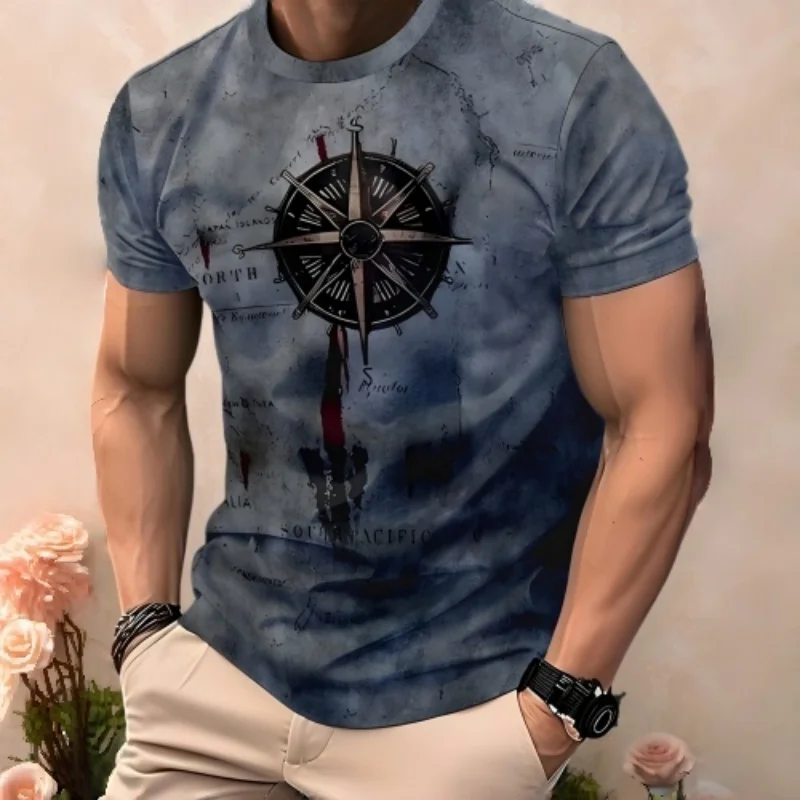 Herren Vintage Nautischer Kompass Karten-Print T-Shirt Retro Grafik Kurzarm Lässiges Streetwear Tee Urlaub Reise Alltagskleidung Mode