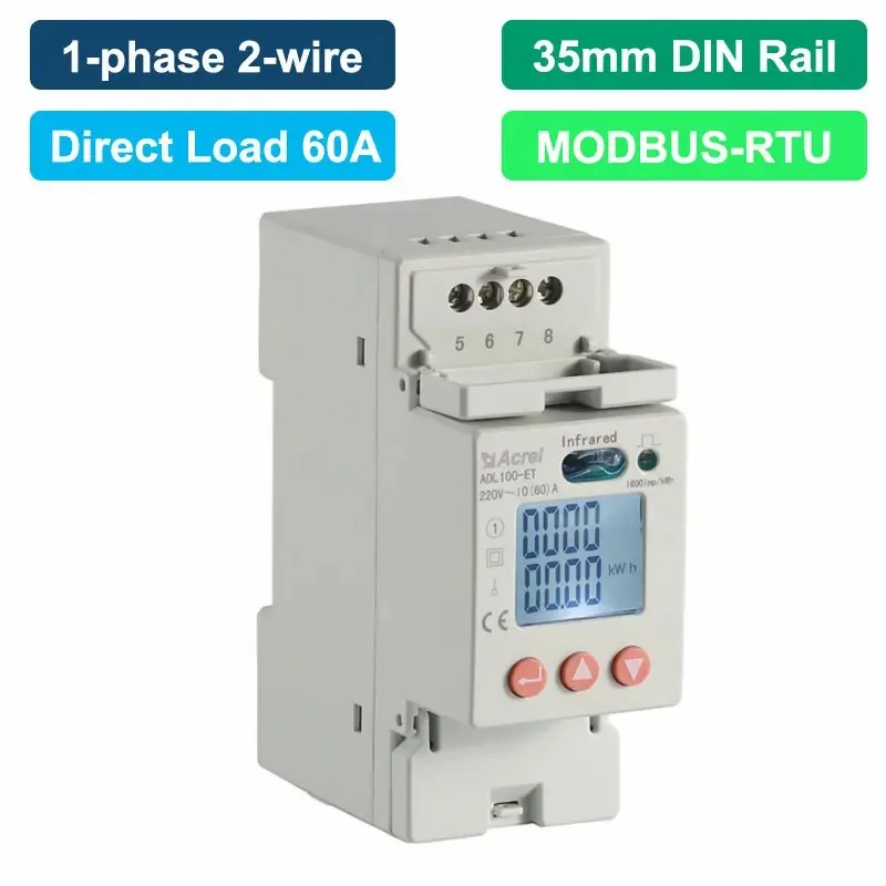 Acrel ADL100-ET/C din rail single phase energy meter direct connect 10(60) 20 (100)A with RS485 Modbus-RTU Communication and 1CT