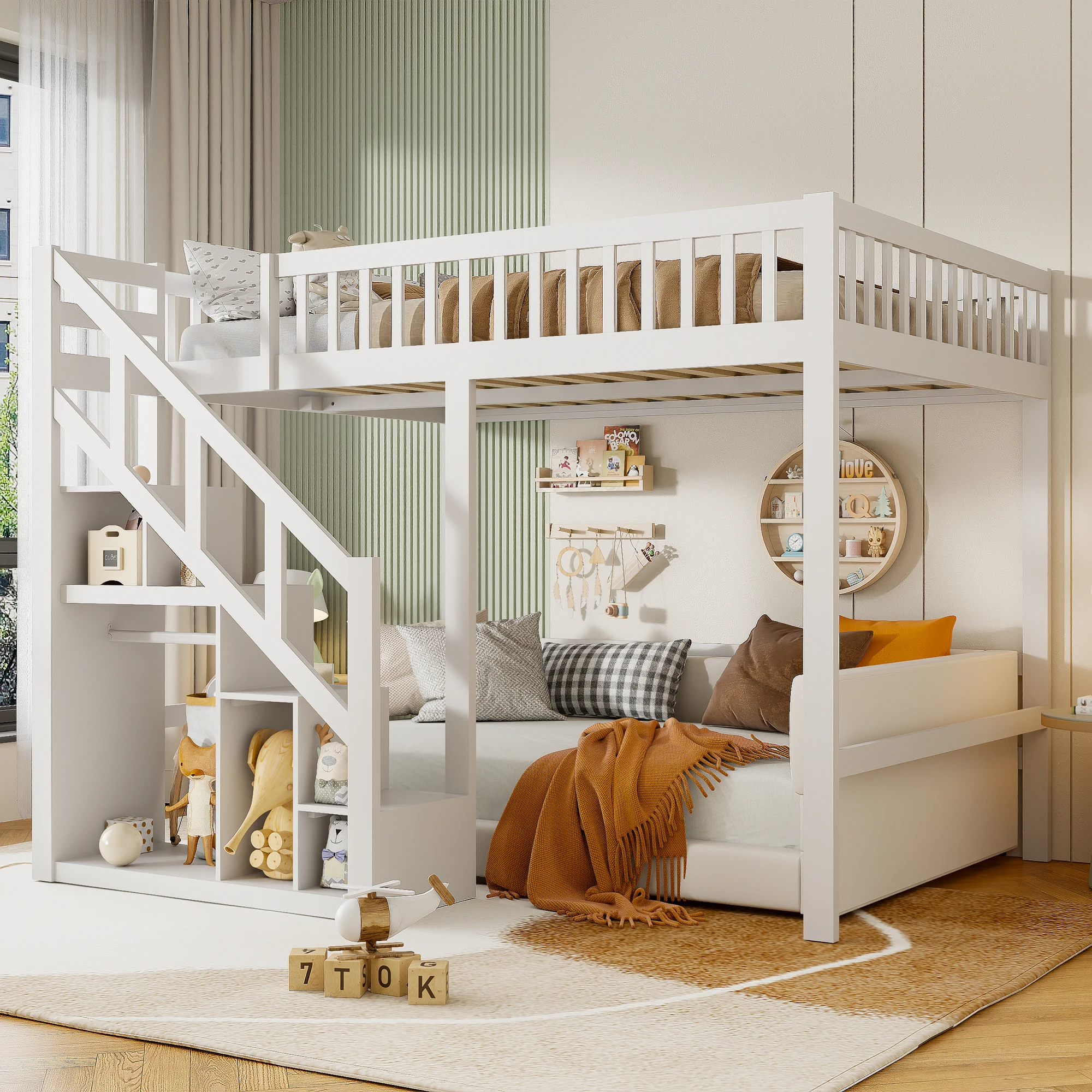 子供用二段ベッド 90/140*200 cm、2人用ロフトベッド、収納階段付き