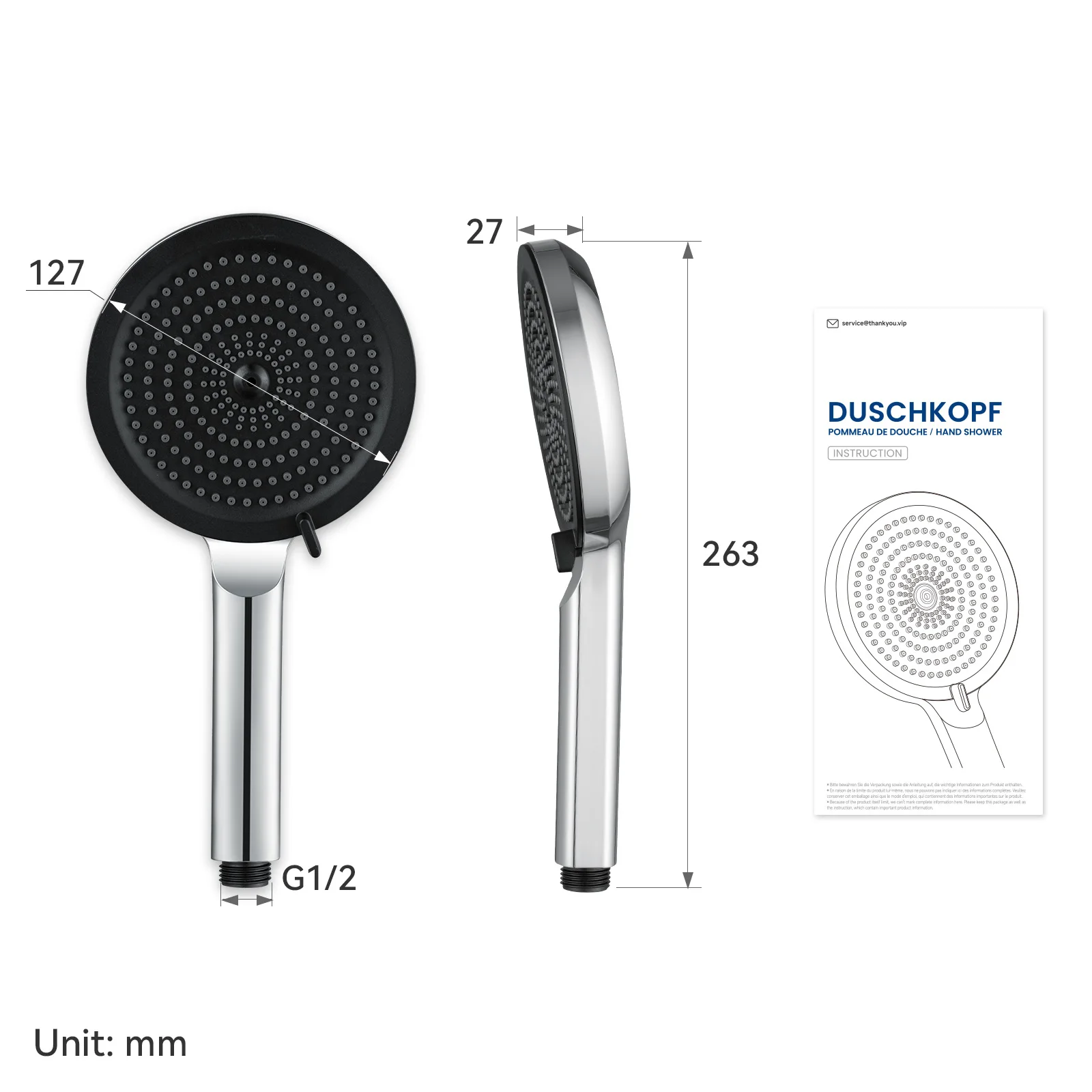 Duschkopf, 4 Strahlarten, Schwarz, Regenduschkopf, Antikalk-Silikondüsen, Universal-G1/2-Anschluss