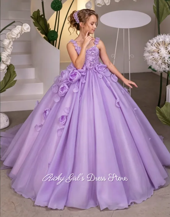Customized Purple Flower Girl Dress Ball Gown Sequin Lace Appliques Tulle Wedding Birthday Party Gown First Communion Gown