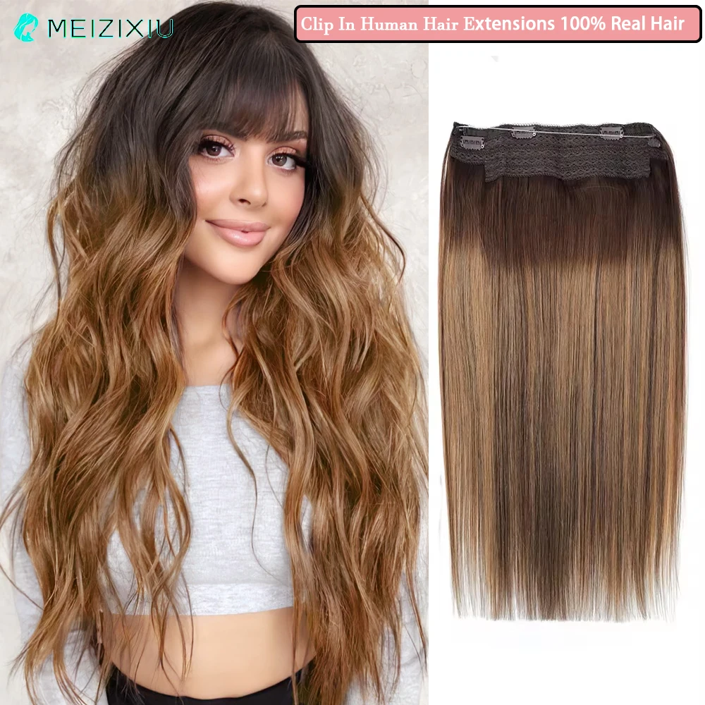 

RemeeHi Invisiable Hair Pieces Human Hair Straight Lace Fish-line Wire Micro Hair Extensions for Women 20 Inch 90g Brown T4 27#