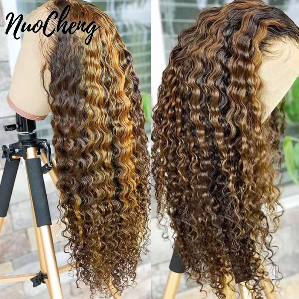 Highlight Deep Wave Human Hair Lace Frontal Wig P4/27 Honey Blonde Curly Human Hair Wigs Deep Curly 13x4 HD Lace Frontal Wigs