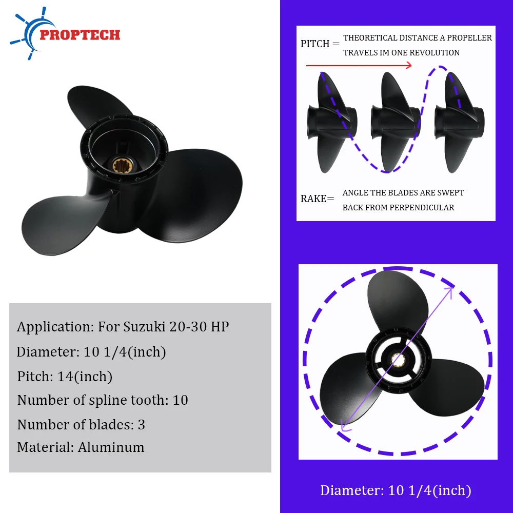 Outboard Propeller 10 1/4x14 for Suzuki 20 25 30HP Boat Motor Aluminum Alloy Screw 3 Blade 10 Spline Marine 58100-95D00-019