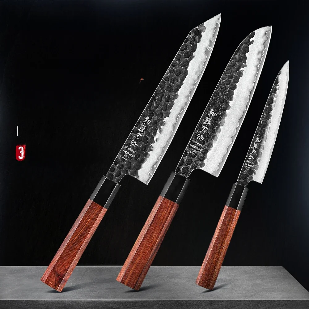 HEZHEN 1-3PC Zestaw noży kuchennych Chef Utility Santoku Profesjonalny japoński nóż kuchenny ze stali Clad do mięsa Nóż kuchenny z czerwonego drewna — zdjęcie 2