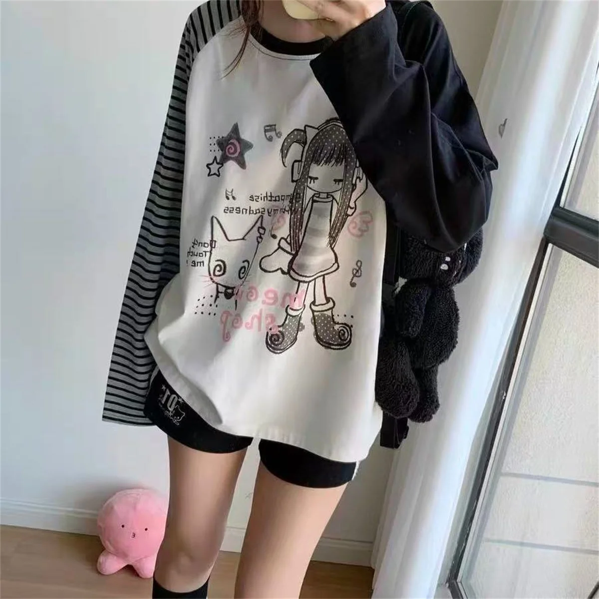 

Japanese Casual T-shirt Women Gothic Anime Cartoon Print Loose T Shirts Y2k Aesthetic Harajuku Grunge Tops Subculture Blouse