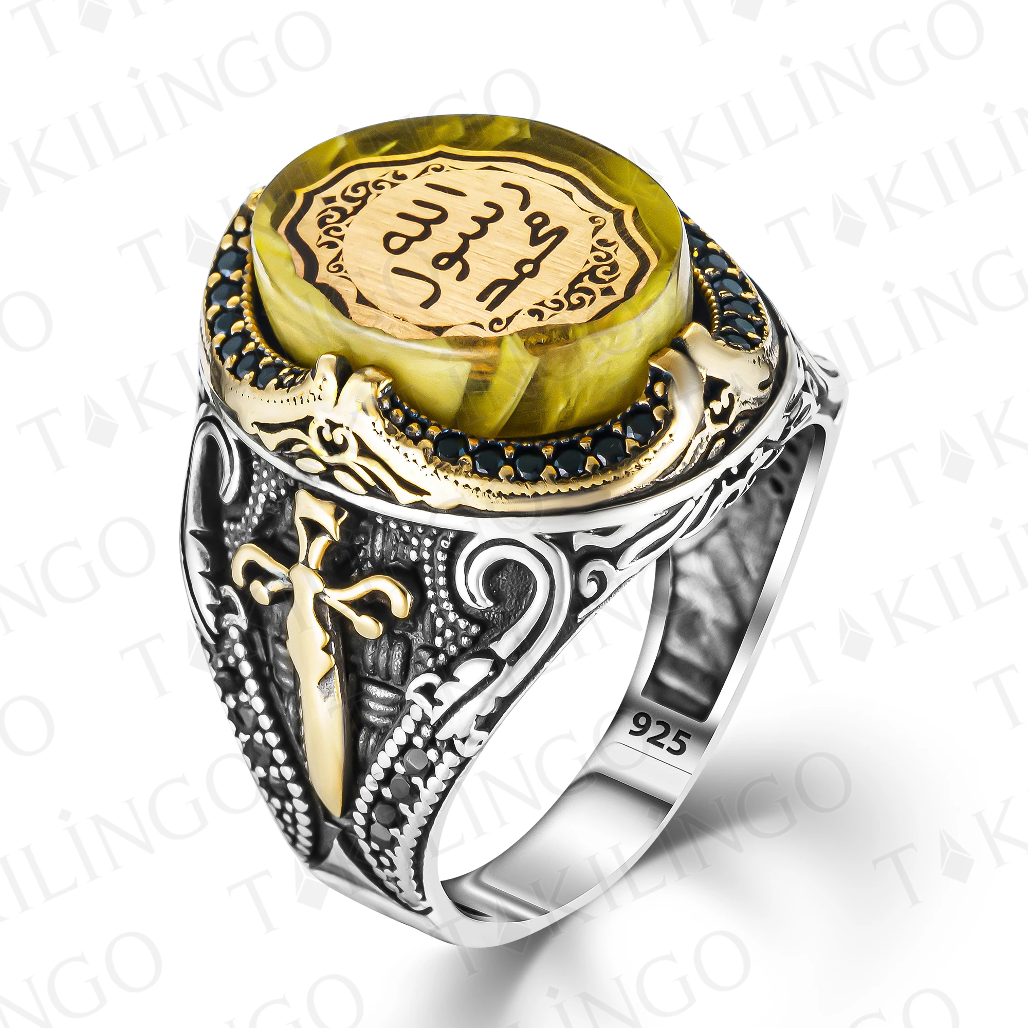 Islamic Allah (C.C) Muhammad Nice On Amber Stone Arabic Men\'s Ring 925 Sterling Silver Religious Jewelry Sword Ring