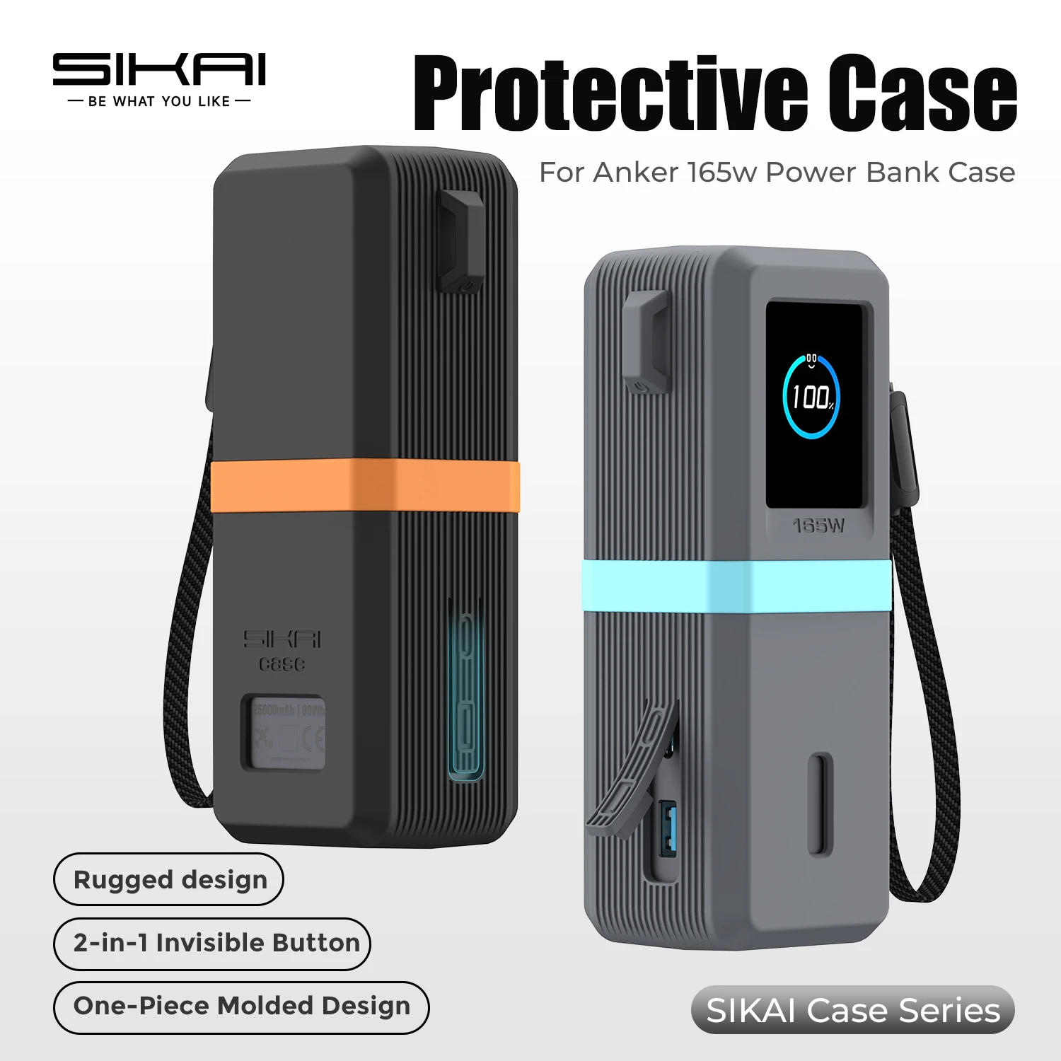 

SIKAI Silicone Power Bank Case for Anker Zolo 165W (25000mAh) PowerBank Shockproof Cover with Cable Organizer Ring Lanyard Hole