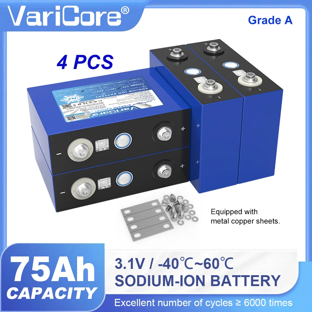 4 Baterías Recargables de Iones de Sodio 3.1V 75Ah, Celdas de Na-ion de Grado A de Ciclo Profundo para Sistemas de Almacenamiento de Energía Solar, Autocaravanas, Carritos de Golf, Vehículos Eléctricos (EV)
