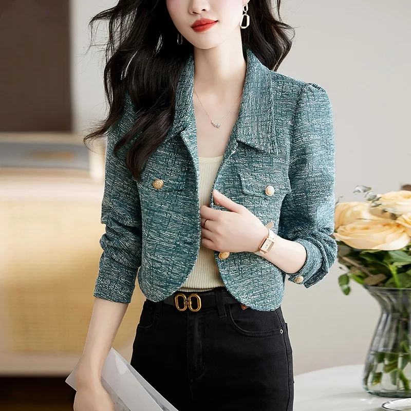 

Spring Autumn Women's Fashion Fragrant Rough Tweed Coat French Luxury Green Red Jacket