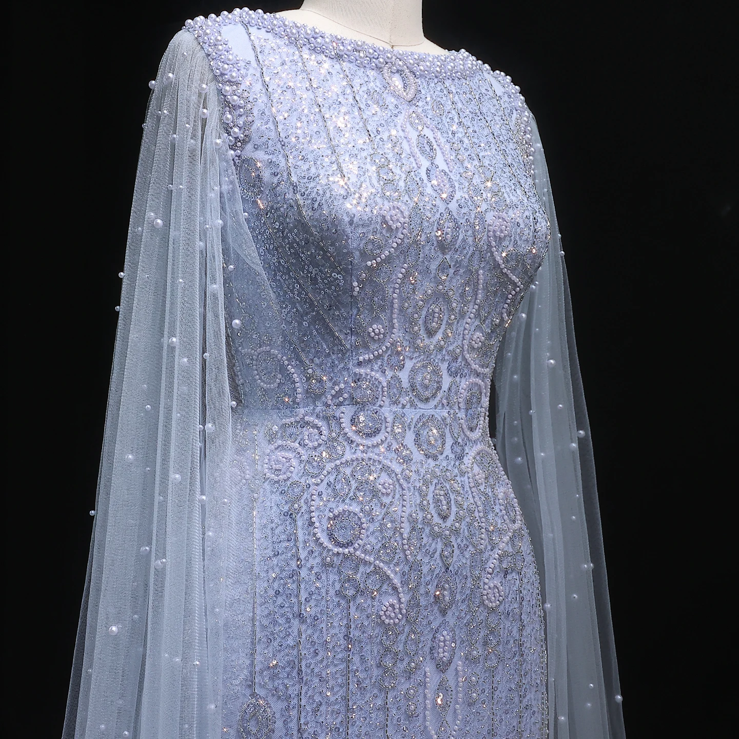 Sharon Said Luxuriöses Champagner-Abendkleid mit Cape-Ärmeln, Pailletten und Perlen, für formelle Anlässe und Partys, SS668, maßgeschneidert – Detail 17