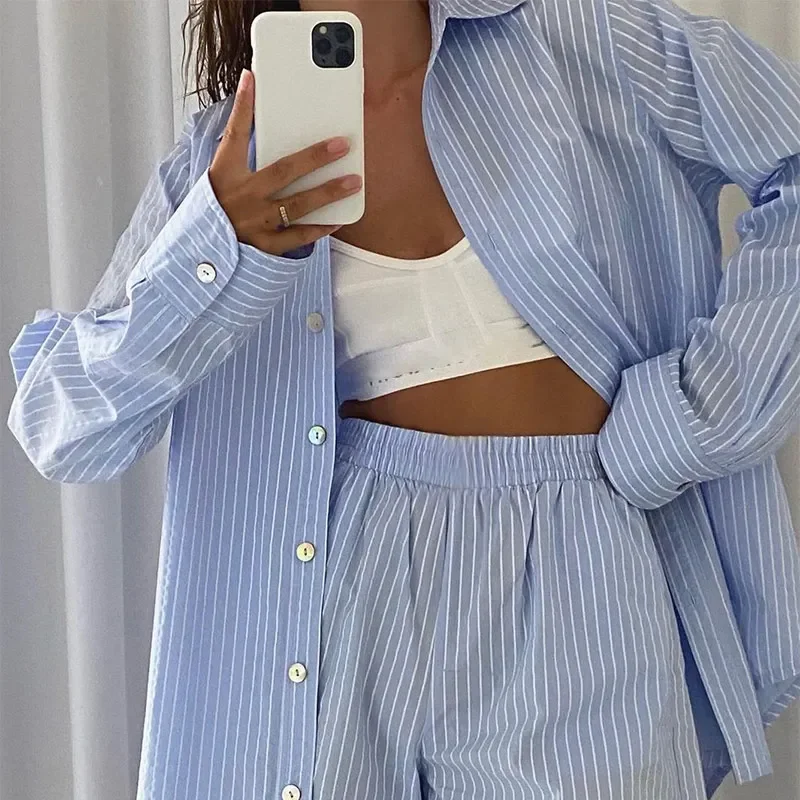Loung Wear Tracksuit Women Shorts Set Stripe Long Sleeve Shirt Tops And Loose High Waisted Mini Shorts Two Piece Set 2022 — zdjęcie 2