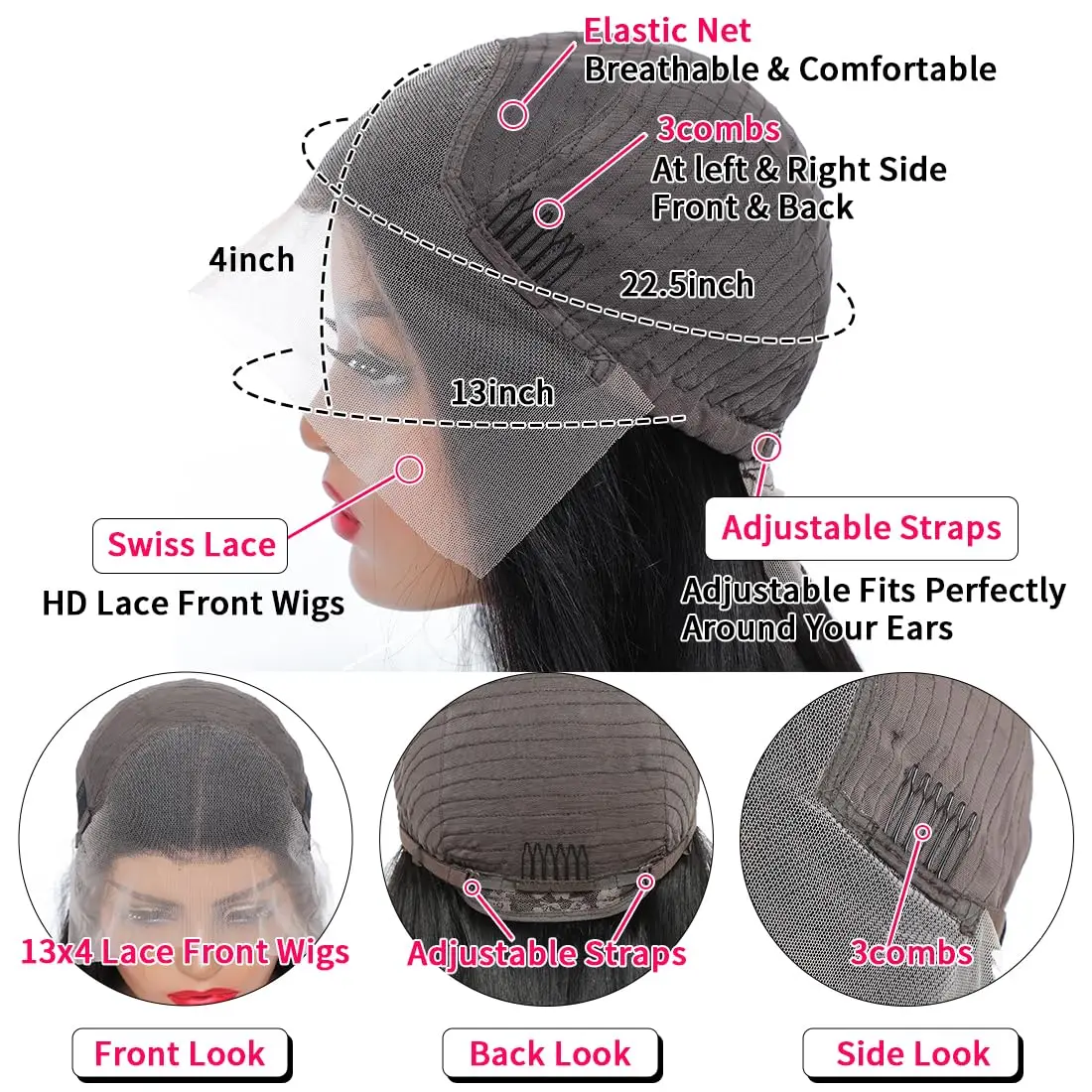 Pelucas frontales de encaje de onda profunda transparente para mujer, cabello humano virgen sin pegamento brasileño, 13x6 HD