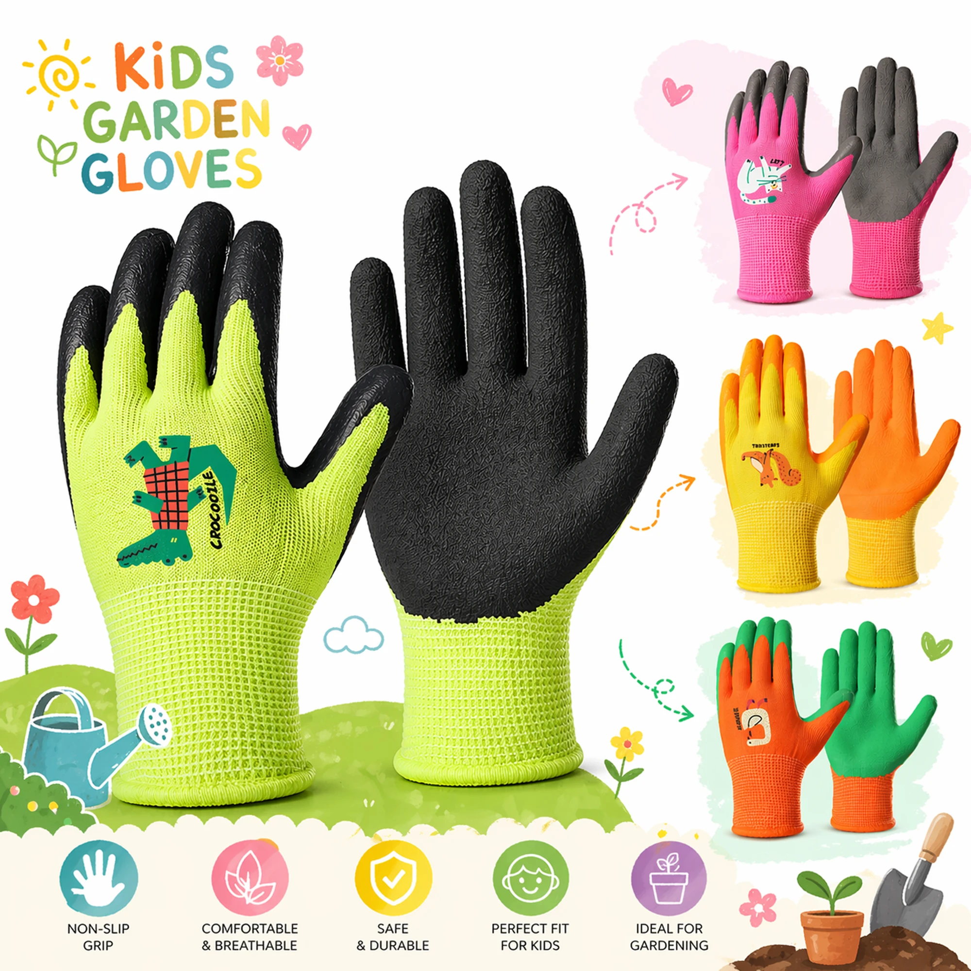 4 Pares de Guantes de Jardinería para Niños, Guantes de Trabajo de Jardín Recubiertos de Látex para Niños, para Plantar, Limpiar, Herramientas para Exteriores
