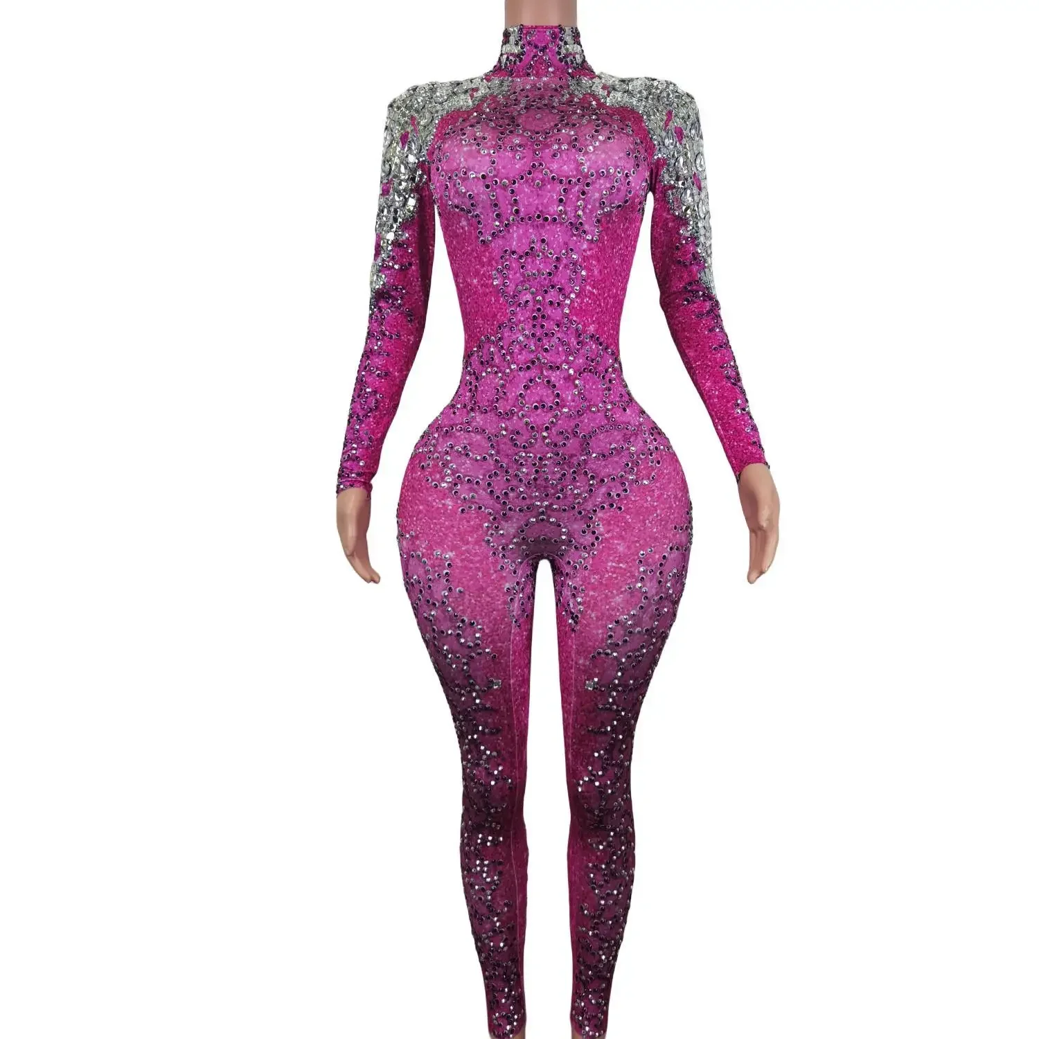 Seksowny różowy wysoki kołnierz i bez pleców body jednoczęściowe kobiet błyszczące kryształki kostiumy sceniczne na imprezę bal kombinezony Bodycon — zdjęcie 2