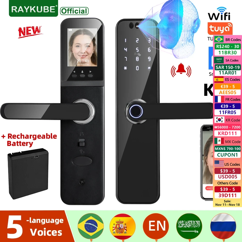 RAYKUBE K12 Tuya WiFi Camera Electronic Lock 3D Face Recognition Fingerprint Smart Door Lock With Screen Rechargeable Battery