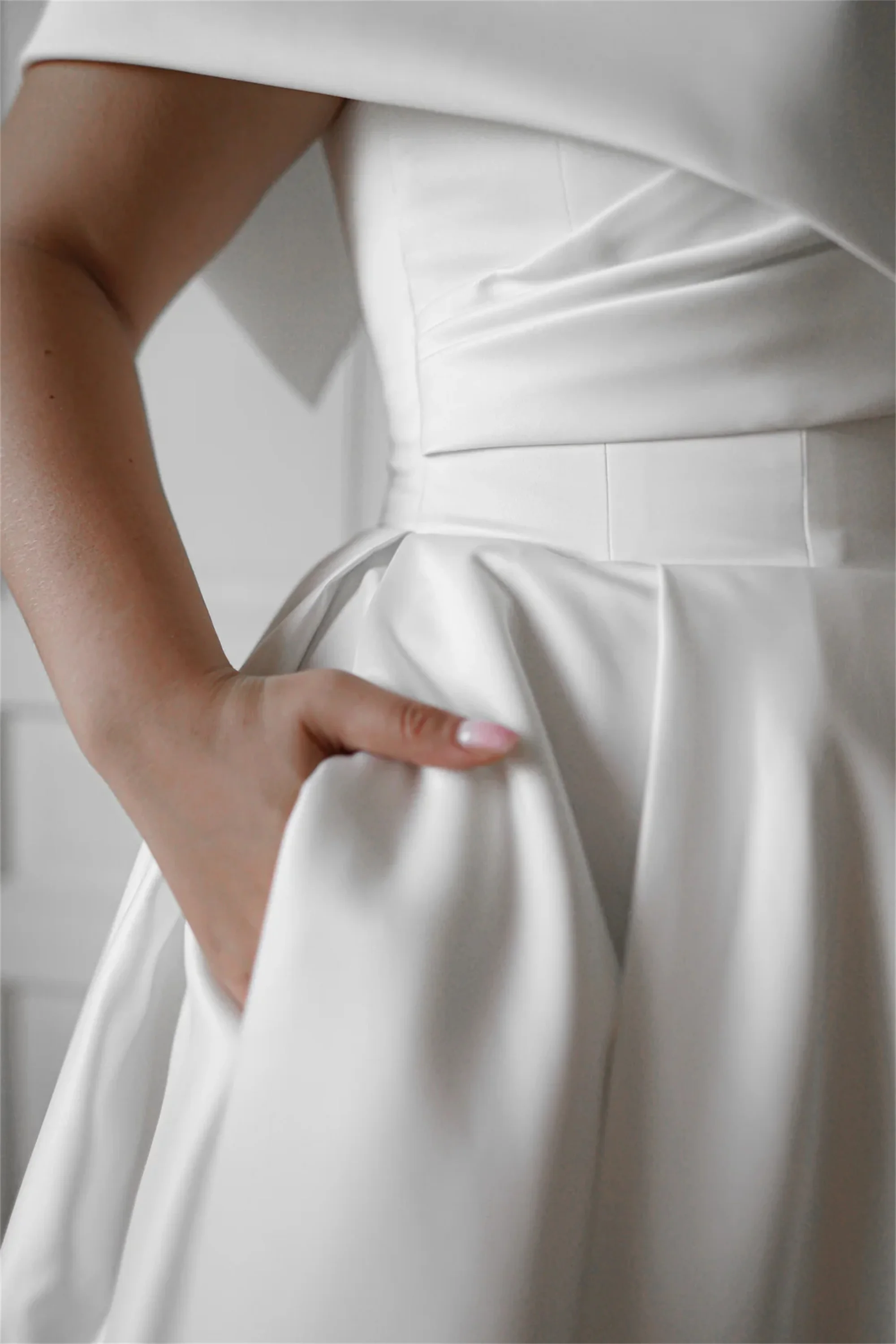 Ivory Satin Plus Size Wedding Dress Customized Short V Neck Bride Gown Off the Shoulder Wedding Gown With Pocket EVON BRIDAL