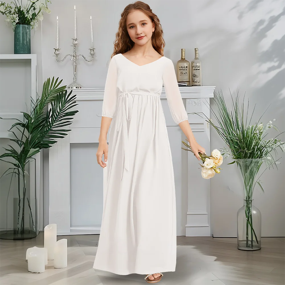 

Designer A-Line Junior Bridesmaid Dress Twilight Navy Flower Girl Dress V-Neck Floor-Length Chiffon Garden Gala Dance Wedding