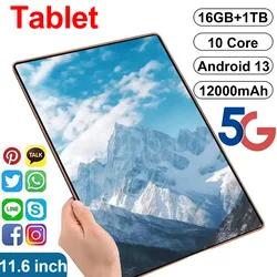 Tablette Android 2024 5G de 11.6 pouces, 16 Go de RAM, 1 To, Dean 16MP + 32MP, réseau 12000mAh, Wifi, Bluetooth, pour touristes, nouveauté 13.0