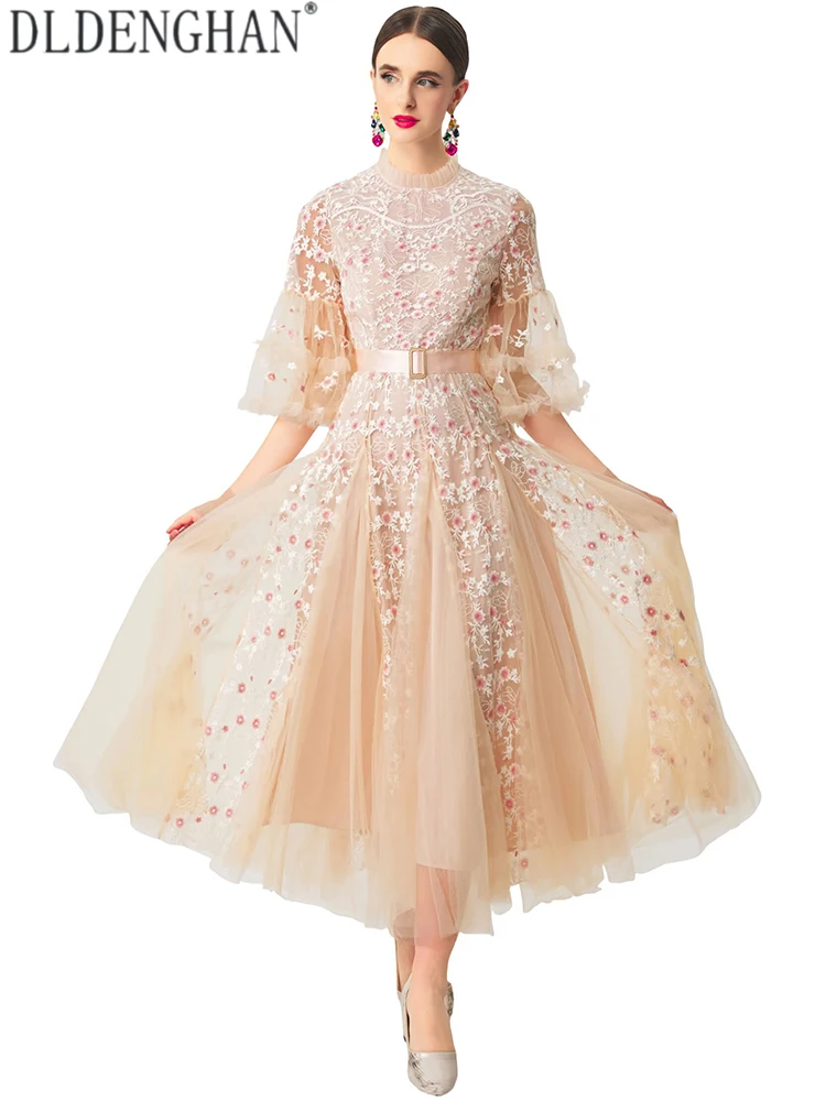 DLDENGHAN Women O-Neck Flare Sleeves Embroidery  Accessories Sashes Summer Vintage New model Dresses