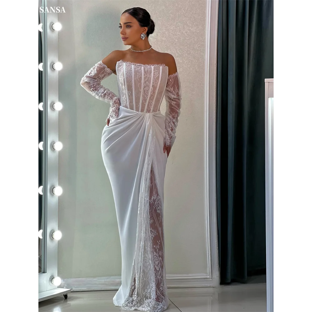 

Sansa Customized White Strapless Mermaid Illusion Prom Dress Flower Corset Lace Vestidos De Noche Floor-Length Evening Dresses