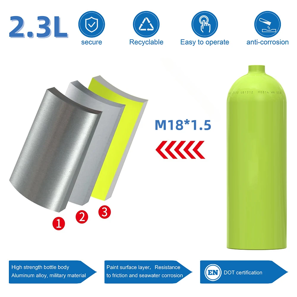 Cilindro de CO2 de Aluminio de 2.3L 300bar 4500Psi para Acuario, Tanque de Aire con Rosca M18x1.5, Cilindro de Alta Presión para Oxígeno, Bebidas Gaseosas y Gas