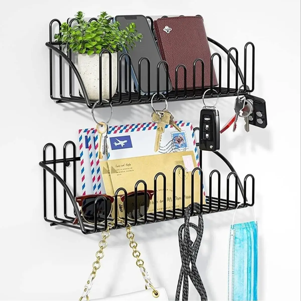 

Decorative 2 Piece Set Metal Wire Wall Shelf Wall Mounted Modern Organizer and Storage Kitchen Bathroom Office Accessory Holder