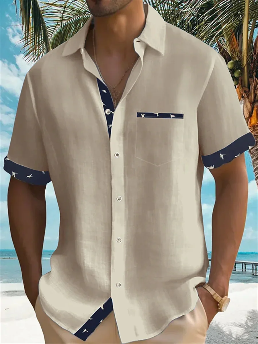 2024 New Summer Shirt Men's Hawaiian Shirt Casual Fashion Street Short-Sleeved Beach Resort Men's Pocket Shirt