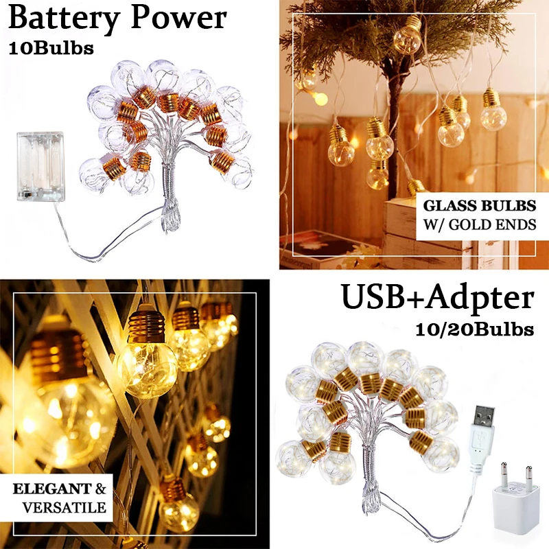 20Bulbs USB LED Warm White Fairy String Light Festoon Globe Bulb Outdoor String For Waterproof Garland Wedding Party Backyard
