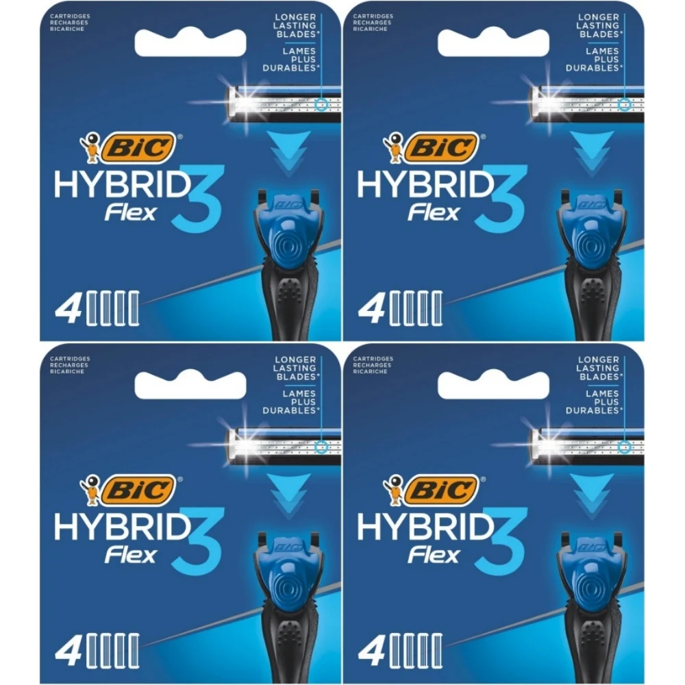 BIC Flex 3 Hybrid Disposable16 PCS (4X4) Cartridges Refill, 3-Blade, For an Ultra-Close Shave