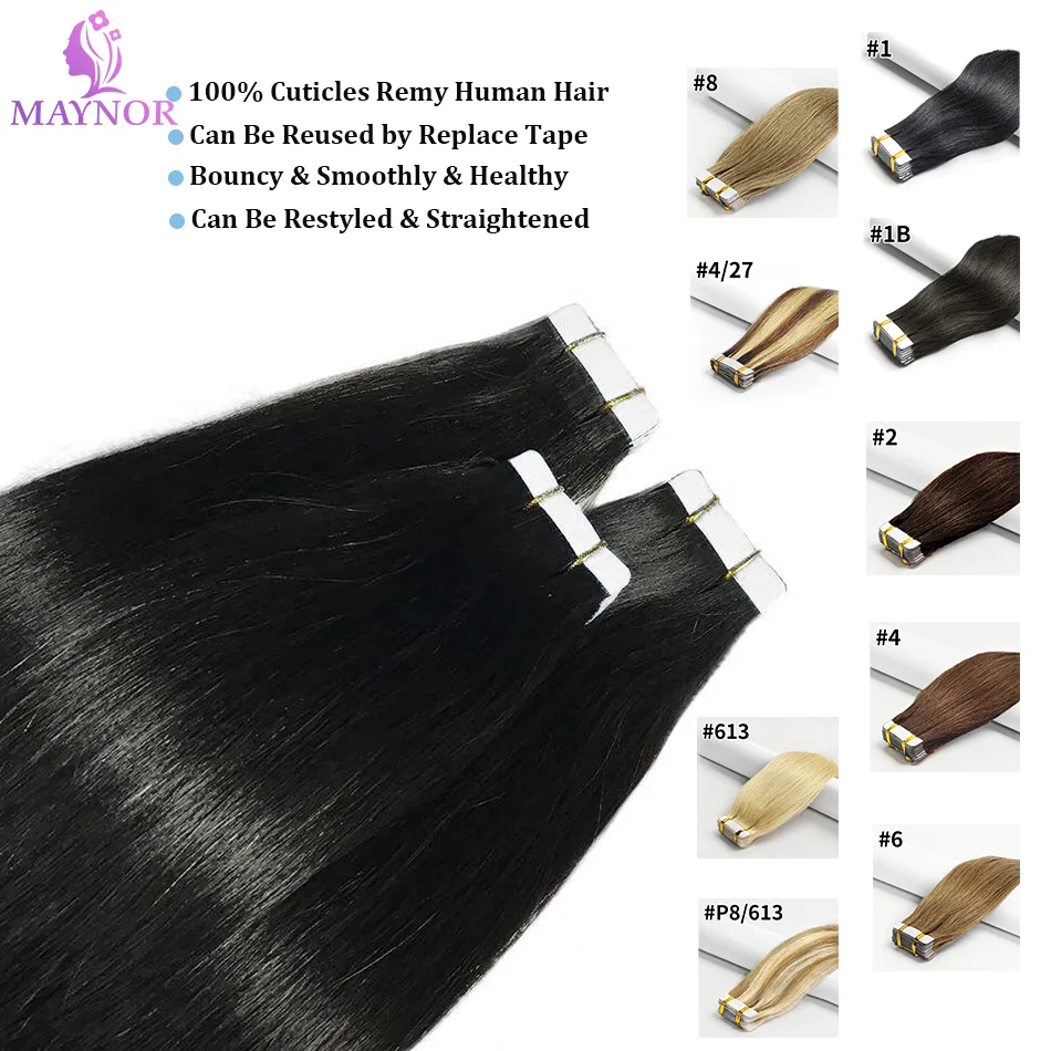 Tape in Hair Extensions Real 100% Human Hair 16“ to 26” 20PCS Skin Weft For Salon Hair Adhesive hair 4x0.8cm For Thin Hair