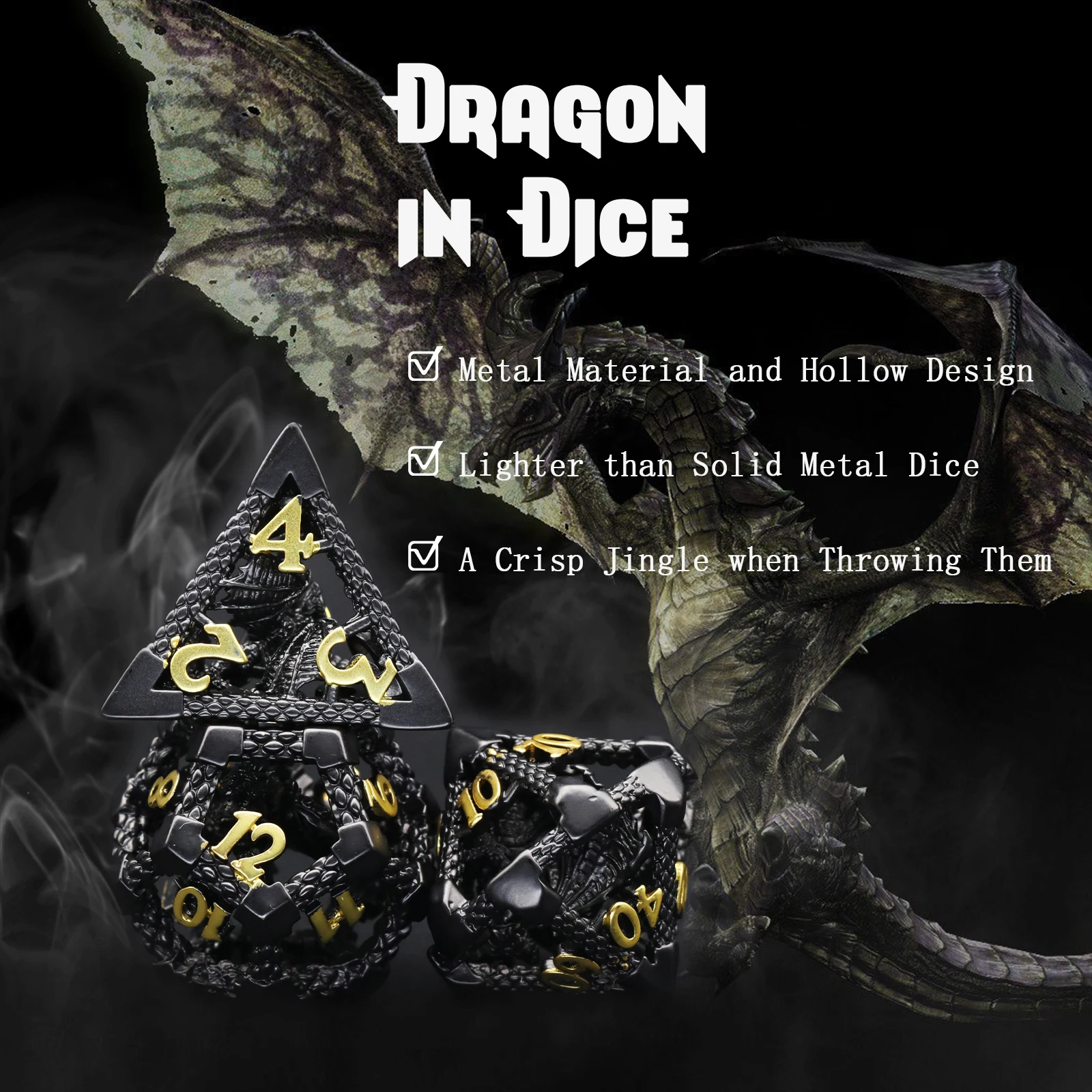 Dragon Metal Dice,  7PC/Set Polyhedral Dice for Role Playing Game Dungeons and Dragons Dices, RPG Dice(Black Glod)