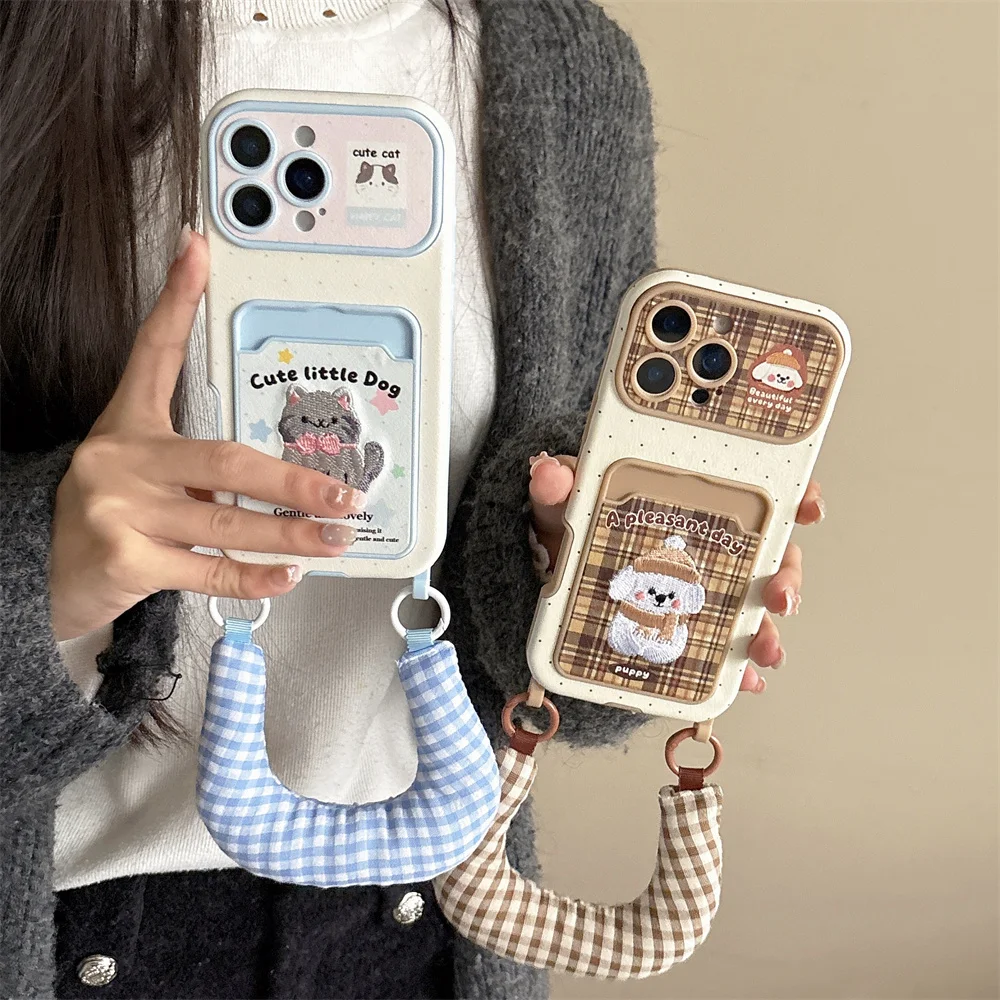 

New embroidered puppy and kitten wristband suitable for iPhone 17 Pro, 13, 14, 15, 16 Pro Max, with anti fall protection