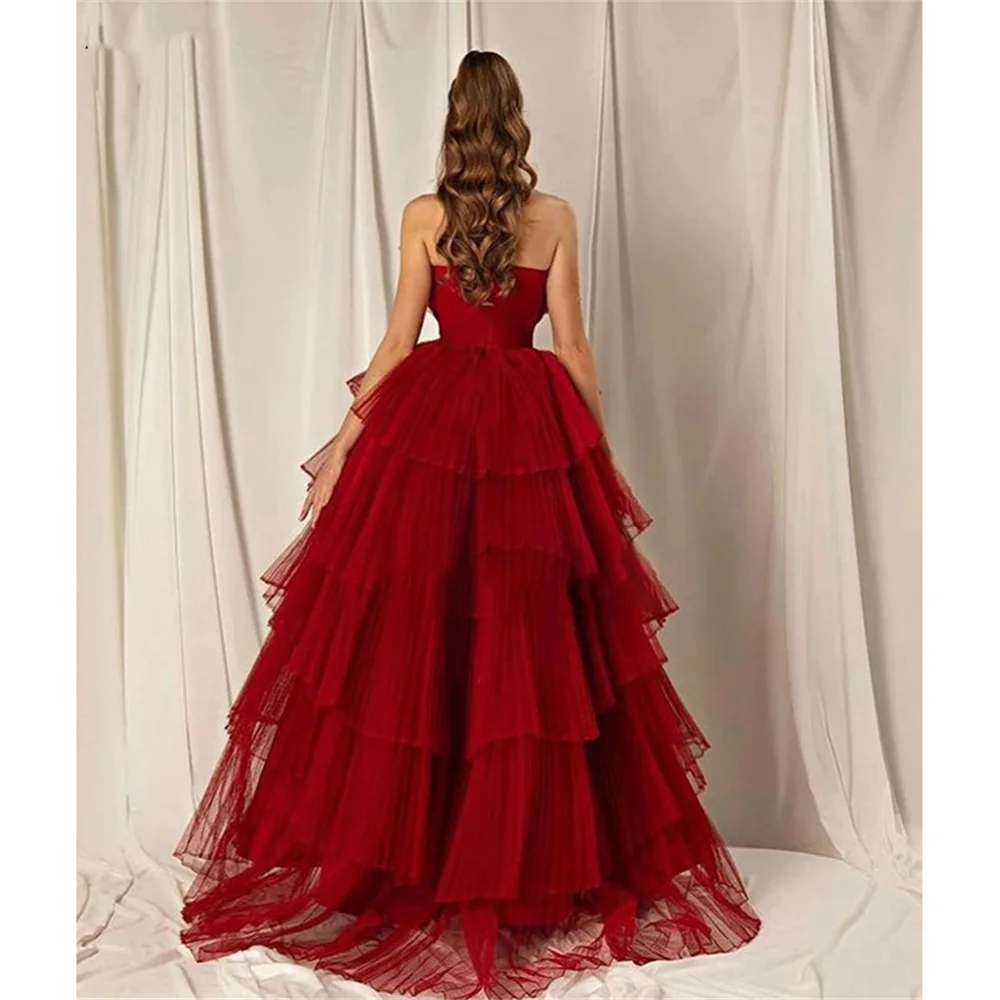 Amanda Princess Multi-Layer Prom Dress, Vestido de noite sem alças, Claret elegante, Vestido árabe formal para mulheres