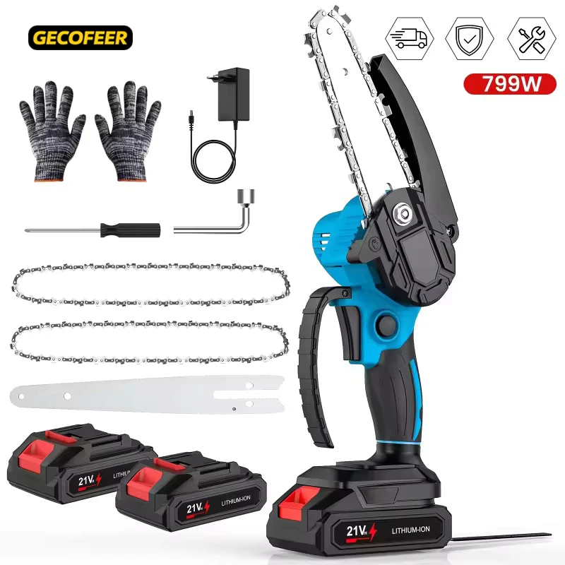 Mini Motosierra GECOFEER de 6 Pulgadas, Motosierra Inalámbrica de 18V con 0-130 ° Deflector protector giratorio, agarre cómodo, motor potente para poda de árboles