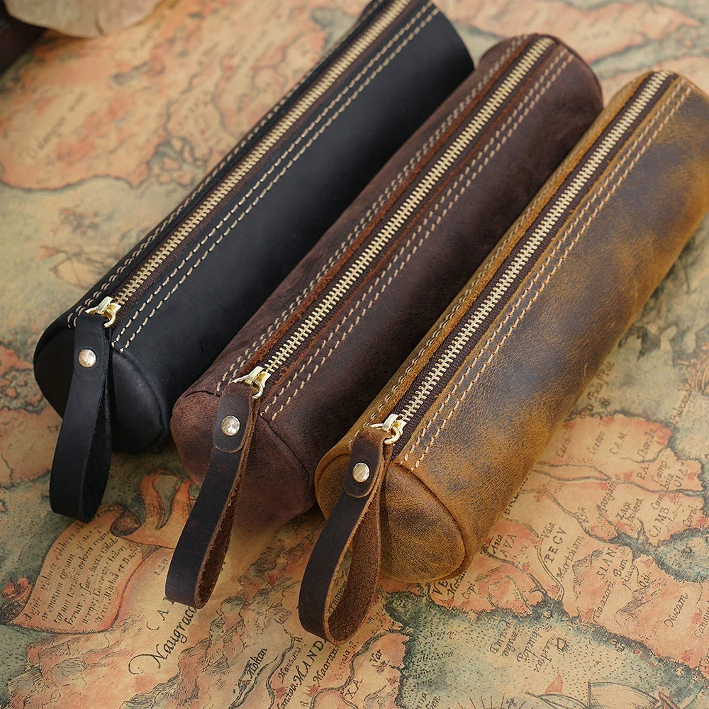 100% prawdziwej skóry etui na długopis z zamkiem błyskawicznym piórnik Vintage skóra Crazy Horse o dużej pojemności ręcznie robione kreatywne artykuły szkolne — zdjęcie produktu 7