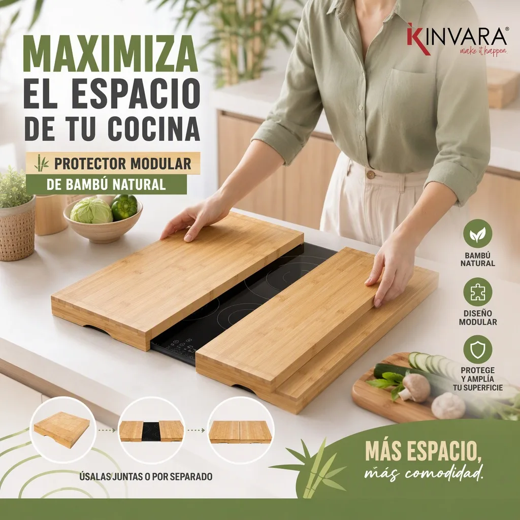 Set de 2 Tablas de Cortar de Bambú Natural para Cubrir Vitrocerámica y Encimera, Protector de Cocina Multiusos de 54x56x4cm, Superficie Resistente para Preparación de Alimentos