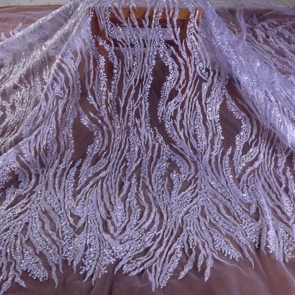 

HelluyerDc popular Pure-white beaded lace fabric,lines patterns embroidery for wedding prom dress fabric by the yard