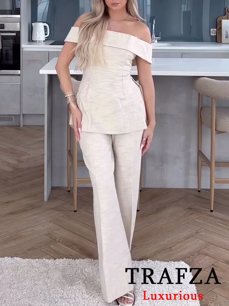 TRAFZA Vintage Casual Solid Chic Women Suit Side Slit Off Shoulder Top Straight Loose Pants New Fashion 2024 Summer Holiday Sets