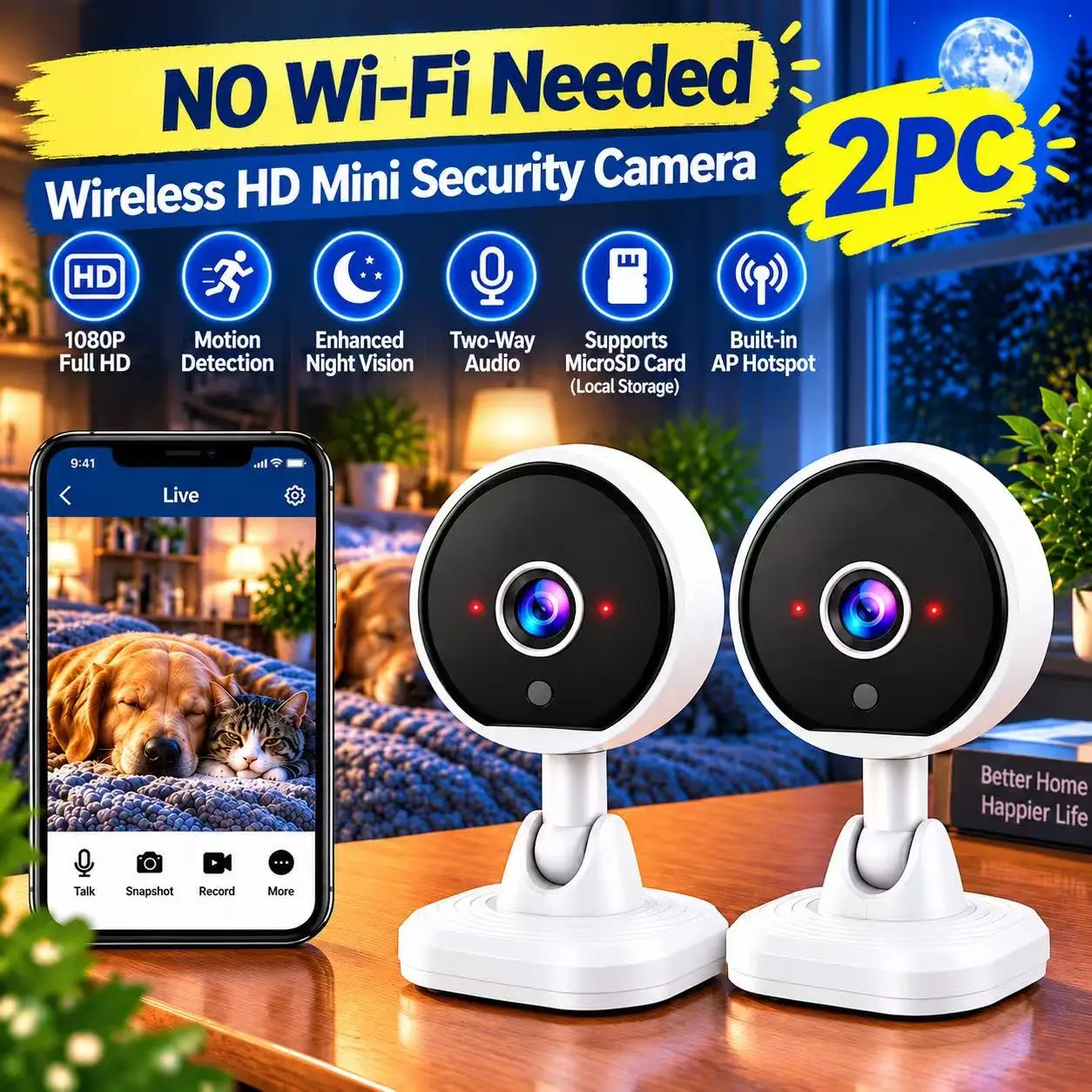 2PC-P11 Wireless Security Camera, Wifi Battery Powered Camera, Supports 128GB TF Card, Cyclic Recording, Night Vision, And AP Mode for Basic Home Surveillance