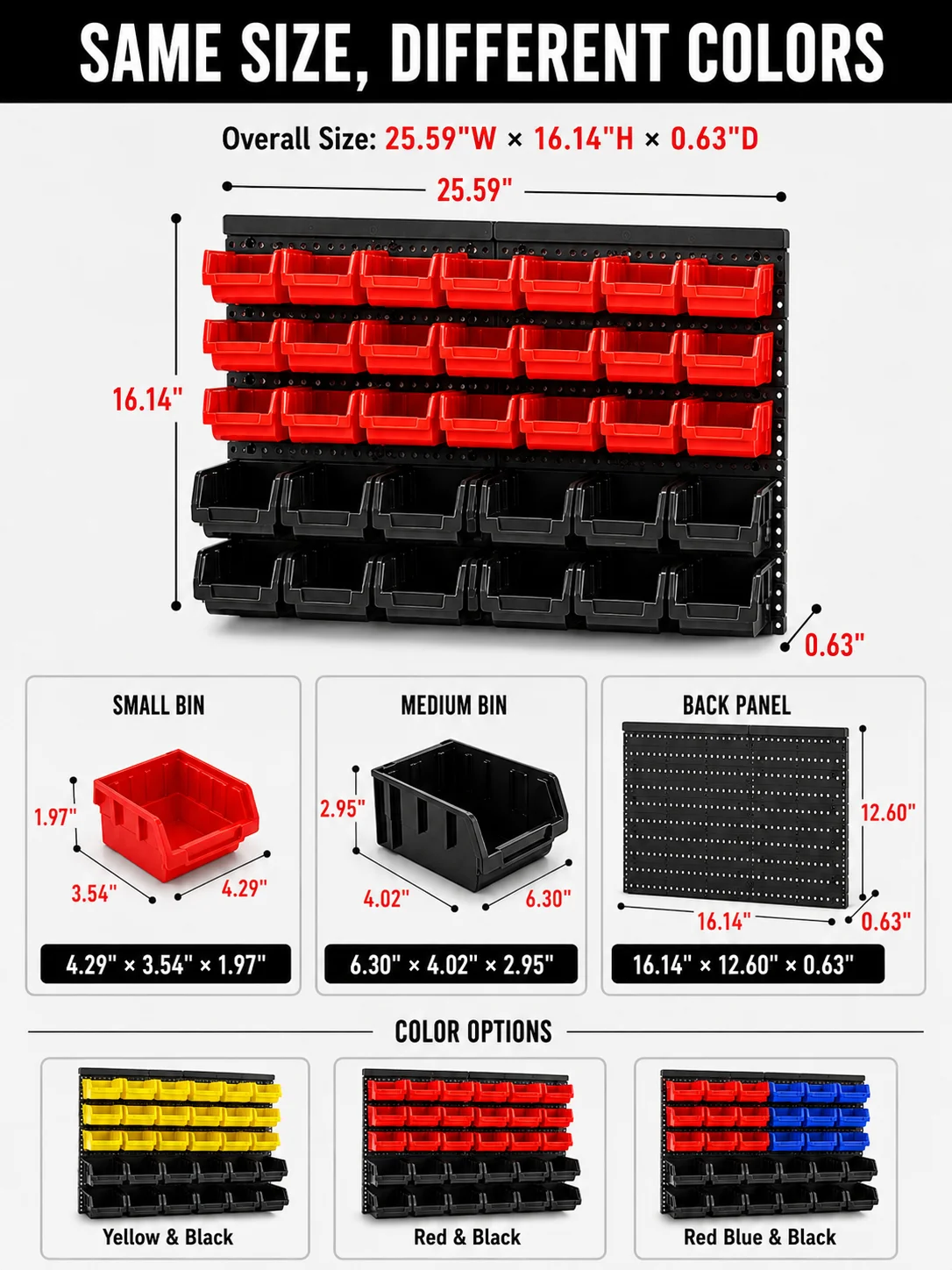 Wall Mounted Storage Bins Organizer Rack with 30 Dual Color Bins, Heavy Duty Plastic Hanging Parts Bin System, Garage Wall Hardware Holder for Screws Bolts Nuts Washers, Stackable Small Large Tool Containers for Workshop Shed DIY Craft Room